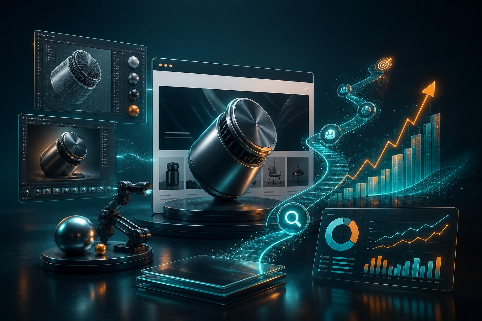 An integrated digital studio showing 3D product creation, website design and growth analytics